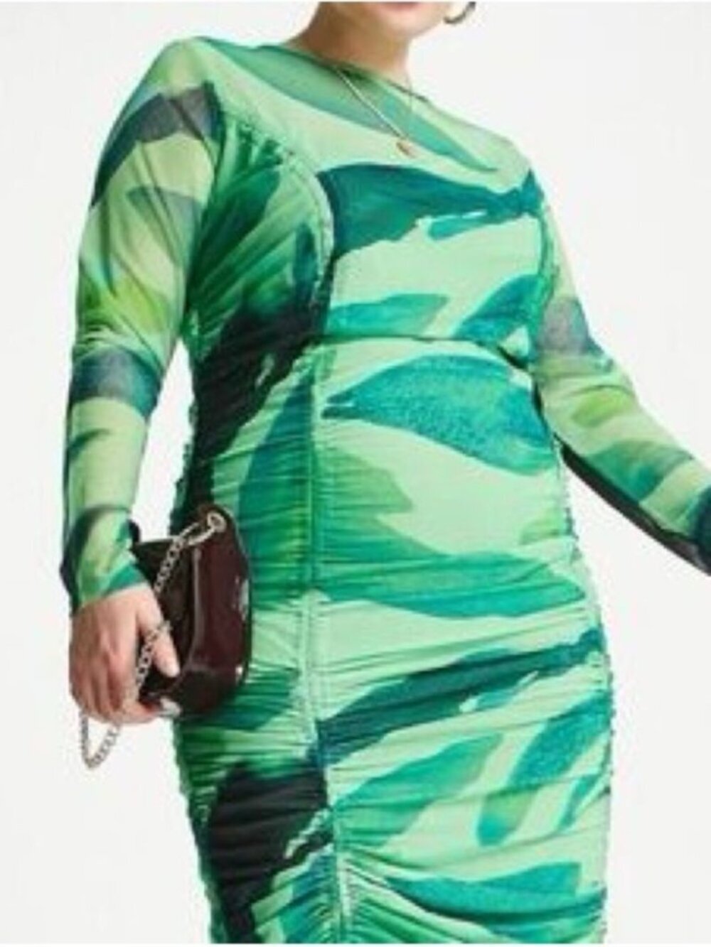 ASOS Design Curve Mesh Ruched Green Printed Midi Dress  US 20 Party Festival